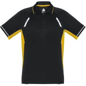 A black and yellow men's short sleeve polo shirt featuring a logo and contrast detailing.