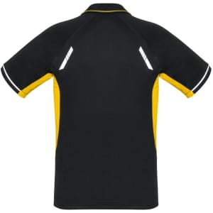 A black and yellow men's short sleeve polo shirt with reflective details and a logo on the front.
