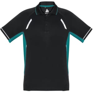 A black and teal men's short sleeve polo shirt featuring contrasting side panels and a logo.