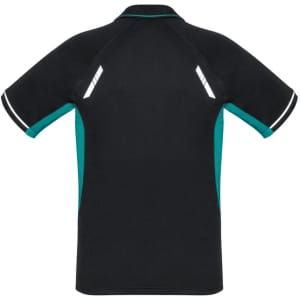 A black and teal short sleeve polo shirt featuring reflective detailing and a logo on the back.