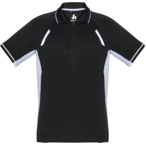 A black short sleeve polo shirt with grey side panels and a logo on the collar.
