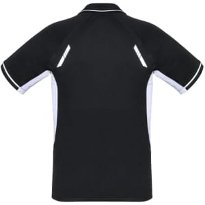A black short sleeve polo shirt with white accents and reflective detailing, featuring a logo on the front.