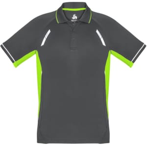 A short sleeve men's polo shirt in grey with bright green accents and detailing. It features a logo on the chest.