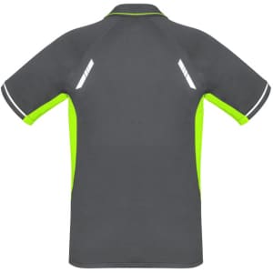 A grey short sleeve polo shirt with vibrant green accents and reflective details on the shoulders. Features a logo.