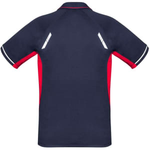 A navy and red short sleeve polo shirt with reflective detailing and a logo on the back.