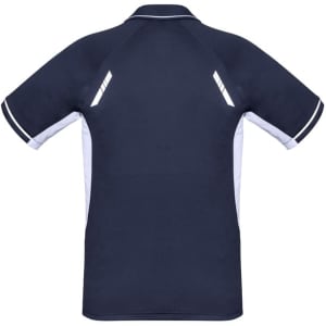 A navy blue short sleeve polo shirt with white accents and reflective details on the back. It features a logo.