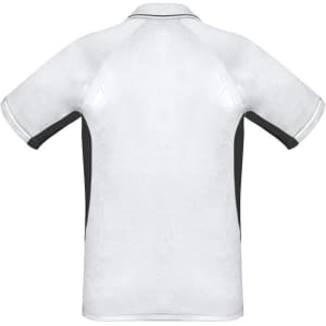 A men's short sleeve polo shirt in white and black, featuring a simple design and a logo on the front.