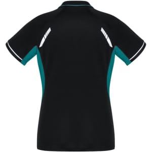 A black women's polo shirt with teal accents and reflective details. It features a logo on the back.
