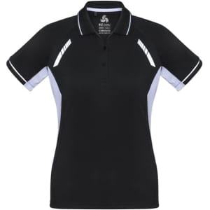 A black women's polo shirt with grey accents and a logo on the front. Features short sleeves and a classic collar.