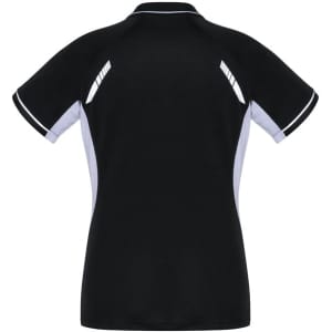 A black women's short sleeve polo with white and grey accents and a logo on the back.