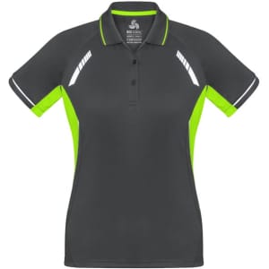 A women's short sleeve polo shirt in black with green accents and reflective details, featuring a logo.