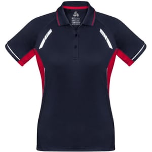 A women's short sleeve polo shirt in navy and red, featuring a logo and contrasting trim.