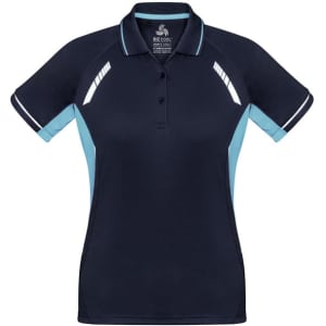 A women's navy blue short sleeve polo shirt featuring light blue accents and a logo.