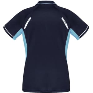 A navy blue women's polo shirt featuring light blue side panels and a logo on the back.