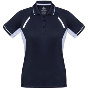 A women's short sleeve polo shirt in navy blue with white accents and a logo.
