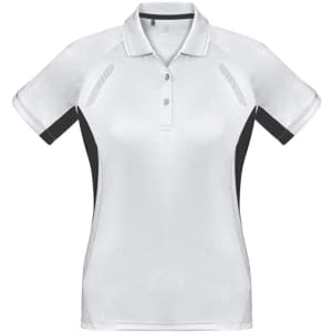 A women's short sleeve polo in white with black accents and a logo. Designed for a stylish and sporty look.