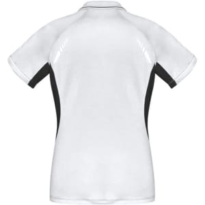 A white and black women's short sleeve polo shirt featuring a logo. Designed for a sporty, stylish look.