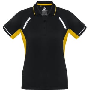 A black and yellow women's polo shirt with short sleeves and a logo on the chest.
