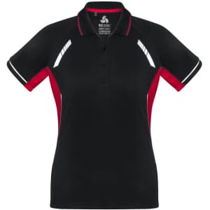A black and red women's polo shirt featuring short sleeves and a logo.