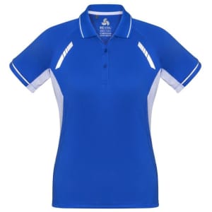 A women's short sleeve polo in vibrant blue, featuring white accents and a logo.