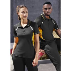 A black women's short sleeve polo shirt with yellow accents and a logo, displayed on a model.