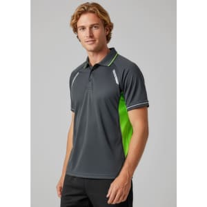 A grey short sleeve polo shirt with green accents and a subtle logo. Suitable for casual wear.