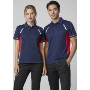 A navy and red short sleeve polo shirt featuring a logo, designed for women and men.