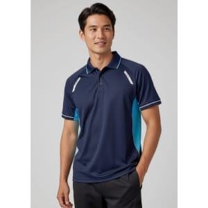 A navy blue men's polo shirt featuring teal accents and a logo. Short sleeves and a comfortable fit.