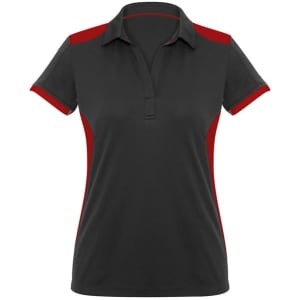 A women's short sleeve polo in black with red accents and a classic collar. It features a logo on the front.