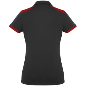A black women's polo shirt featuring red accents on the collar and sleeves. Brand logo is visible.