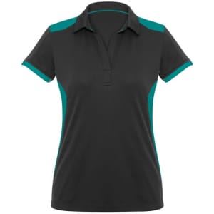 A black polo shirt for women with teal accents and a collar. It features a logo on the front.
