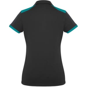 A black women's polo shirt featuring turquoise accents on the collar and sleeves, with a logo on the back.