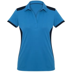 A women's polo shirt in vibrant blue, featuring black side panels and a collar. It has a logo on the chest.