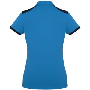 A blue women's polo shirt featuring navy accents on the shoulder and collar, with a logo on the front.