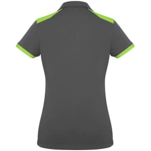 A women's short sleeve polo shirt in grey with green accents, featuring a collar and a logo.