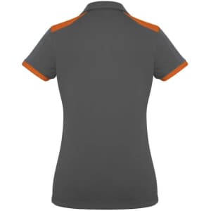 A women's short sleeve polo shirt in grey with orange accents and a logo on the back.