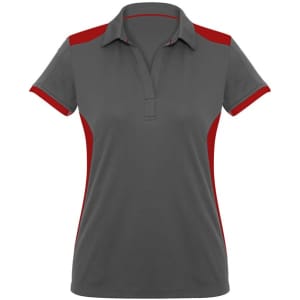 A grey women's polo shirt with red accents and a collar, featuring a logo.