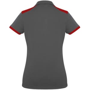 A grey women's polo shirt with red accents on the collar and sleeves, featuring a logo.