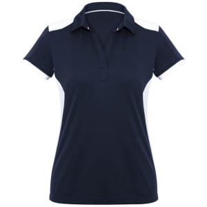 A navy blue women's polo shirt with white accents and a classic collar. It features a logo on the front.