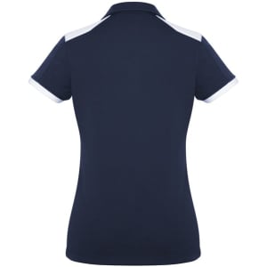 A women's polo shirt in navy with white detailing on the collar and sleeves, featuring a logo.