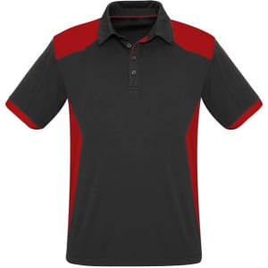 A black and red short sleeve polo shirt featuring a collar and a logo on the chest area.