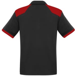 A black polo shirt with red accents on the shoulders and sleeves, featuring a logo on the front.