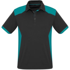 A short sleeve polo shirt in black with teal side panels and a collar. Features a logo on the chest.
