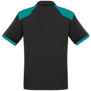 A black short sleeve polo shirt with teal accents on the shoulders and sleeves, featuring a logo.