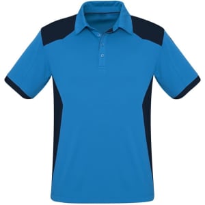 A blue and navy short sleeve polo shirt with a collar and a logo.