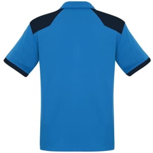 A short-sleeve men's polo shirt in blue with navy accents on the shoulders and collar. Features a logo on the chest.