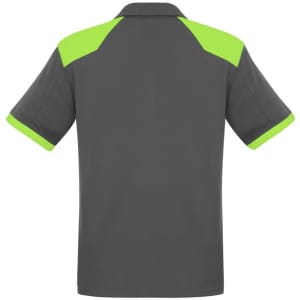A grey polo shirt with bright green accents on the shoulders and sleeves, featuring a logo.