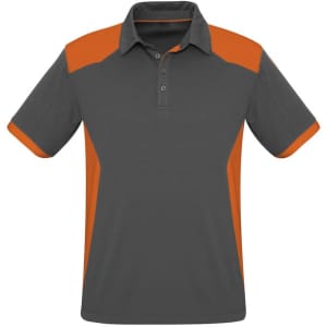 Men's polo shirt in grey with orange accents, featuring a classic collar and short sleeves. Includes a logo.