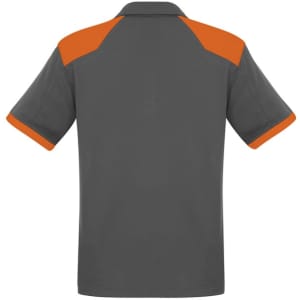 A grey short sleeve polo shirt with orange accents, featuring a logo on the chest area.