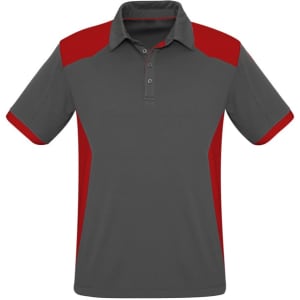 Men's polo shirt in grey with red accents, featuring a collar and button placket. Includes a logo on the design.